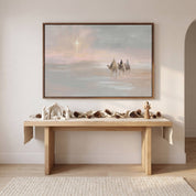 Framed Three Wise Men and Star of Bethlehem wall art above an entryway console decorated with a Nativity figurine, pinecones, and greenery.