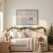 Framed watercolor Nativity wall art showing the Three Wise Men beneath the Star of Bethlehem, displayed above a cream sofa with Christmas decorations in a cozy youth bedroom.