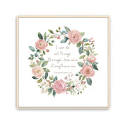Strength in Christ, Pink Roses Watercolor Wreath Christian Wall Art, Philippians 4:13
