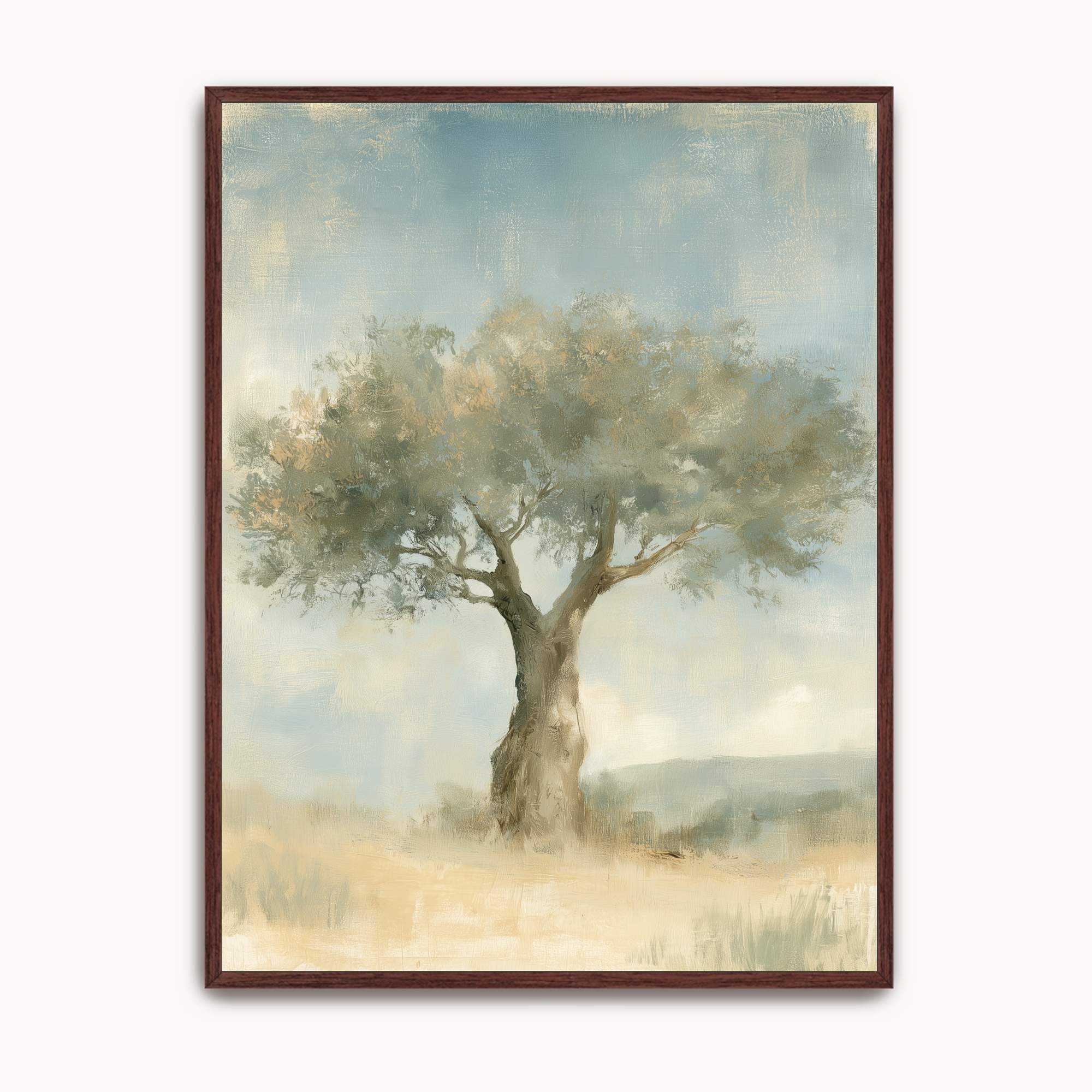 Trust in His Steadfast Love Christian botanical wall art showing a mature olive tree with a textured trunk and silvery green leaves, in a dark wood frame.