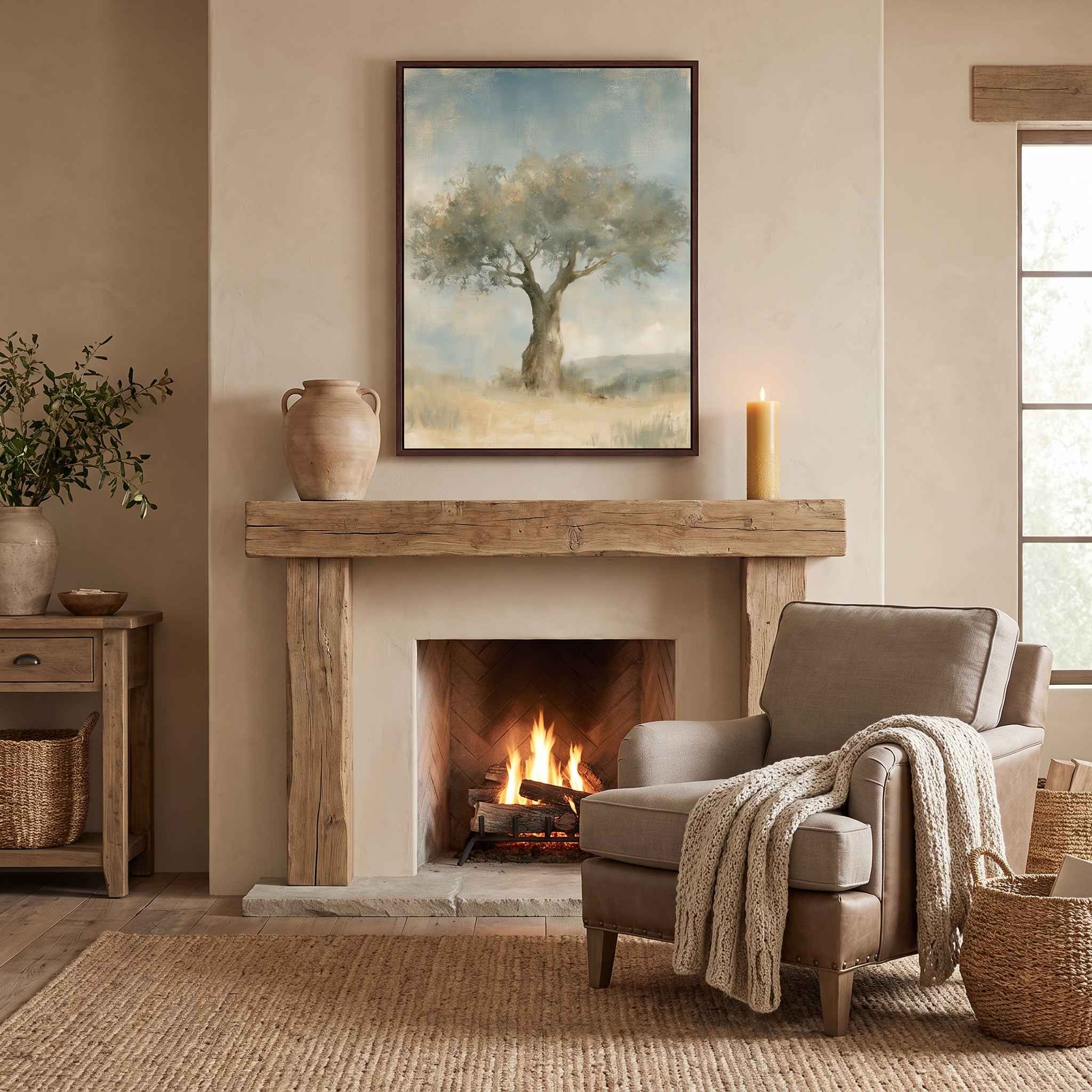 Framed Trust in His Steadfast Love olive tree Christian wall art above a rustic fireplace with a wooden mantel, pottery and candle beside an armchair.