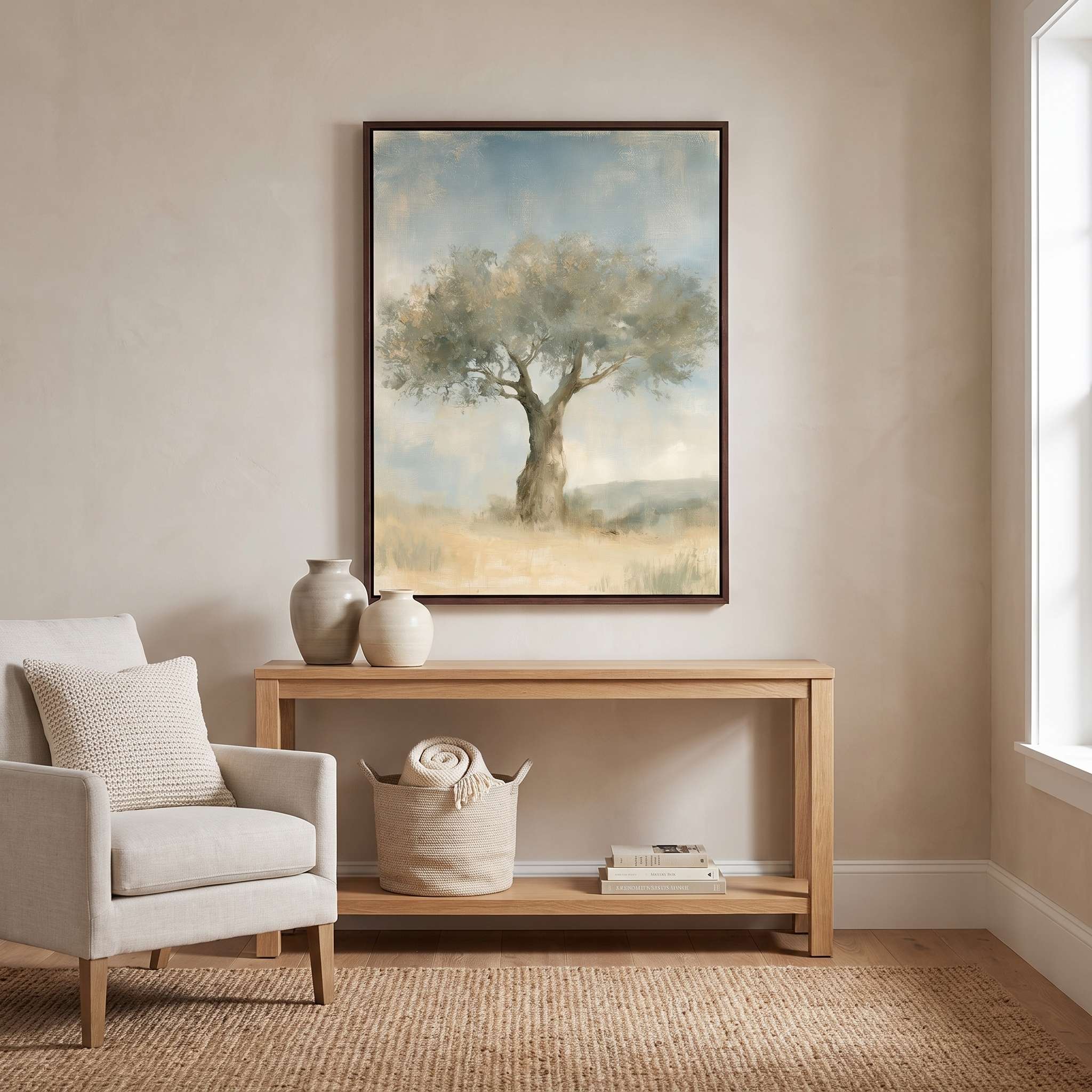 Framed Trust in His Steadfast Love olive tree Christian wall art above a light wood console with pottery and a woven basket beside a cream armchair.