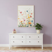 “Trust in the Lord” floral scripture wall art with watercolor wildflowers displayed above an entryway console table.