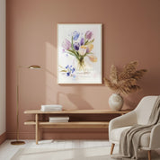 Framed canvas wall art with watercolor wildflowers and Proverbs 3:5 scripture, adding peaceful inspiration above a white dresser.