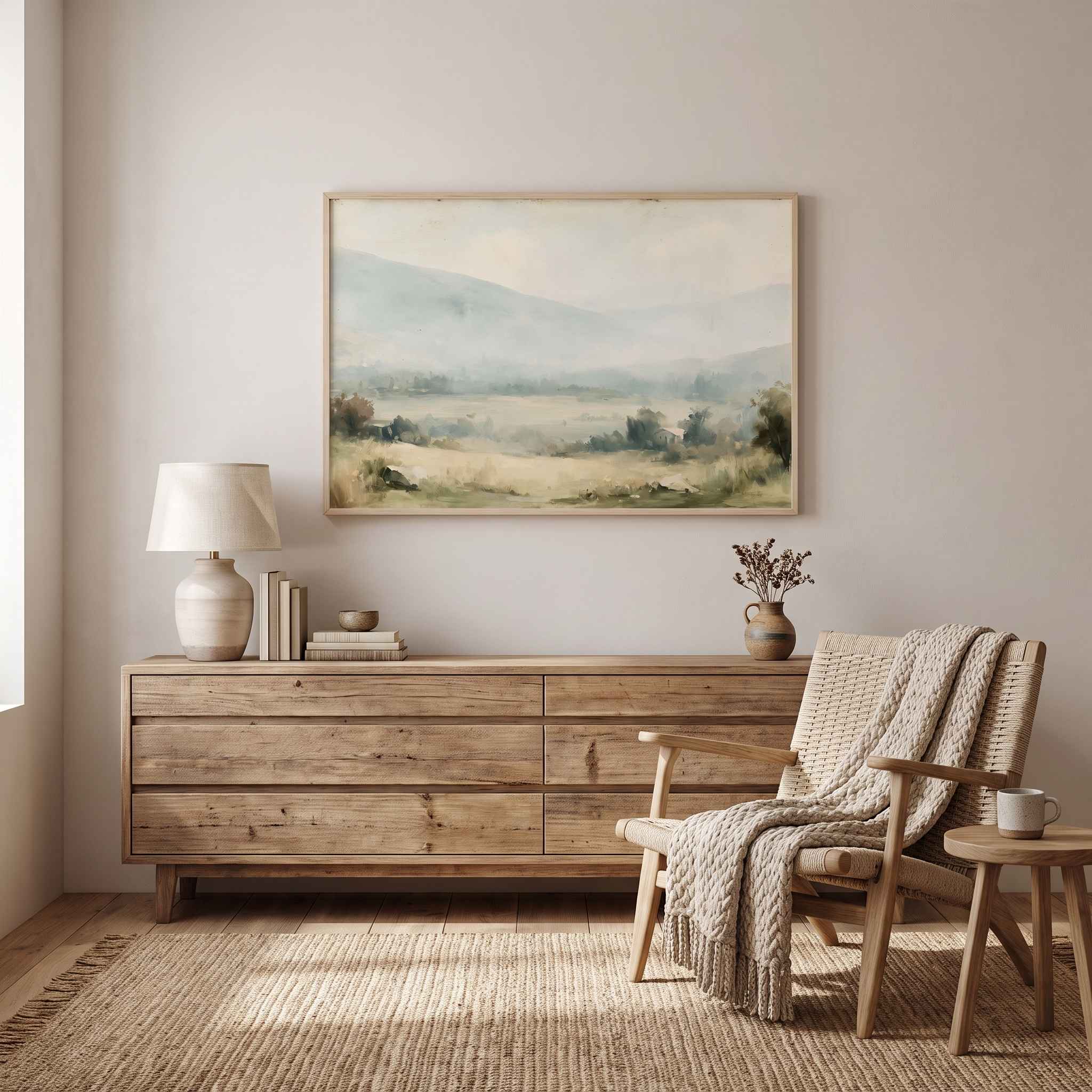 Framed vintage Proverbs 3:5-6 Christian landscape canvas wall art featuring a misty valley scene hanging on a light beige wall above a rustic wooden dresser with a ceramic lamp, stacked books, and a woven armchair in a warm neutral bedroom.