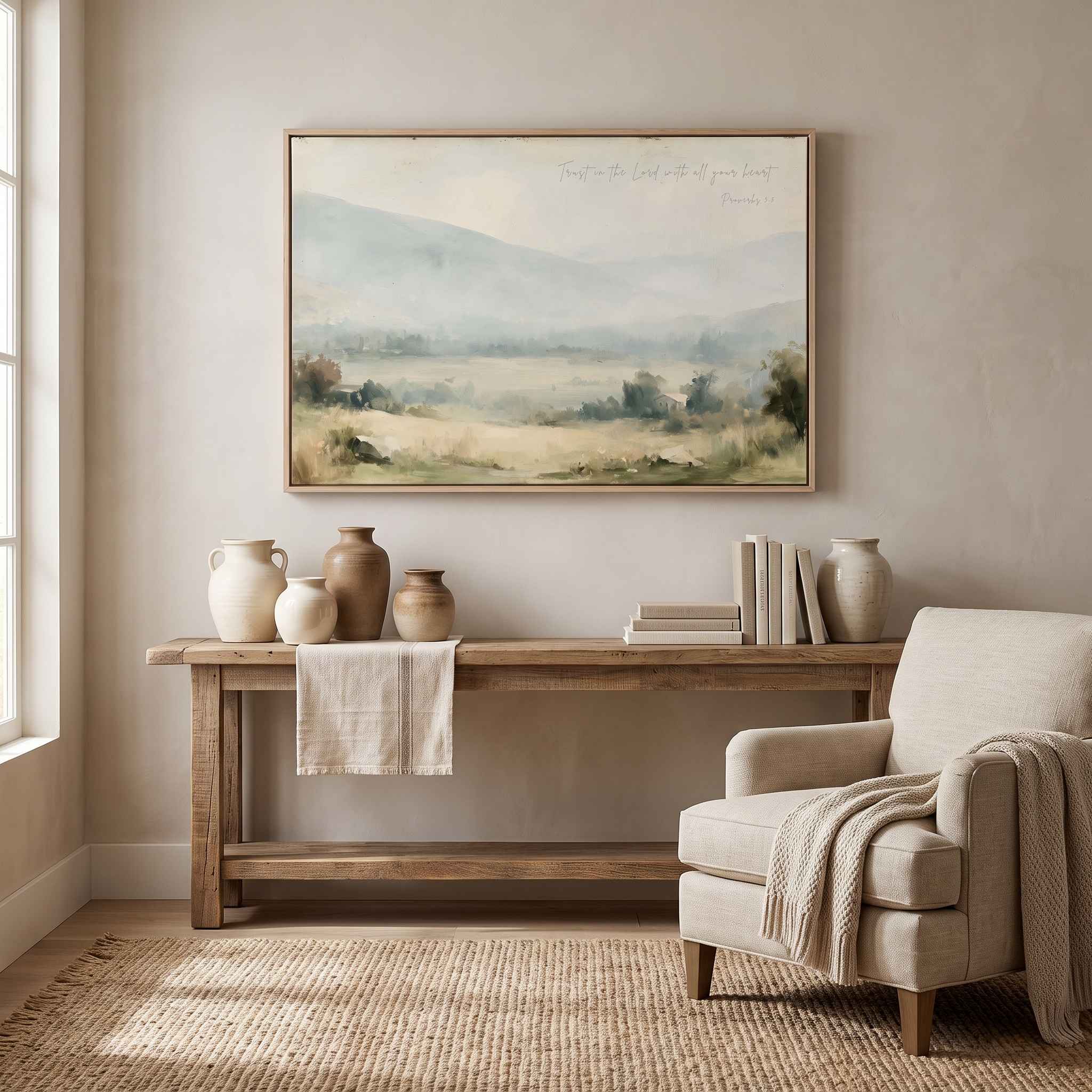 Framed vintage Proverbs 3:5-6 Christian landscape canvas wall art featuring a misty valley scene hanging on a light beige wall above a rustic wooden console table with ceramic vases and an upholstered armchair in a neutral living room.