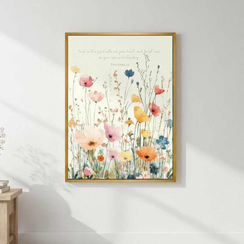 Trust in the Lord Christian wall art with watercolor wildflowers and Proverbs 3:5 scripture in soft pastel hues.