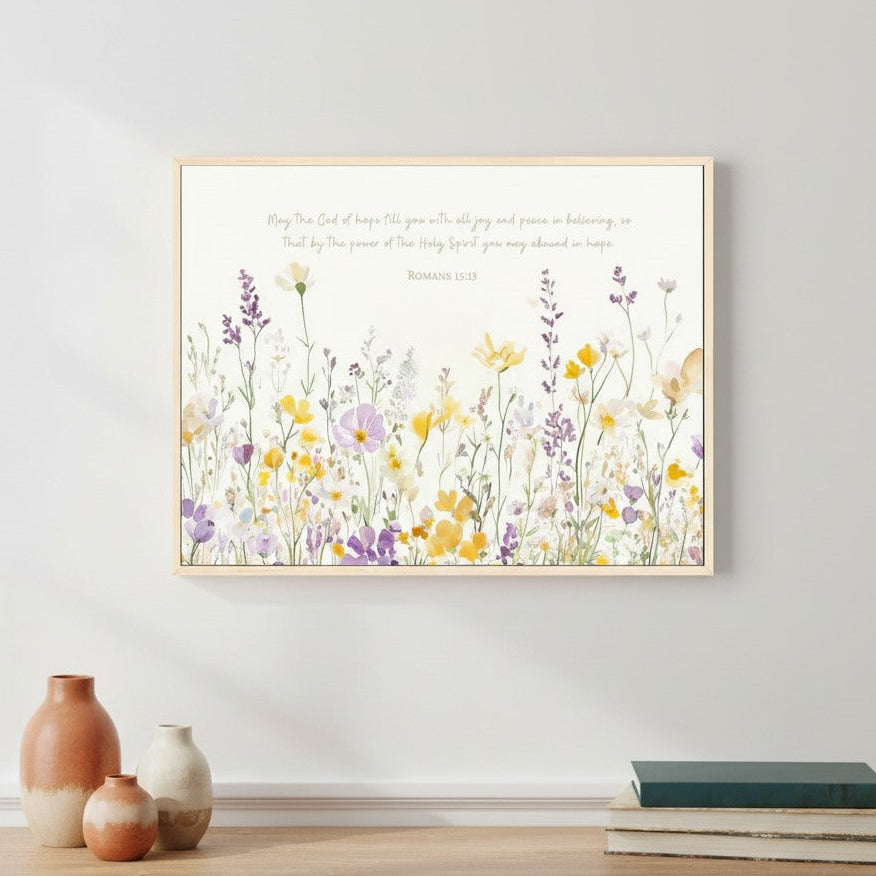Trust in the Lord Christian wall art with Proverbs 3:5 verse and watercolor wildflowers in soft pastel tones, framed in gold.