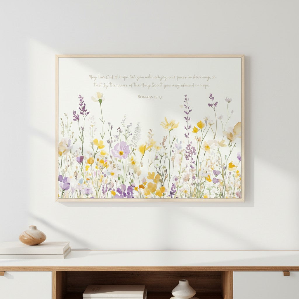 Proverbs 3:5 watercolor wall art featuring wildflowers and soft brushwork, styled in a warm-toned entryway setting.