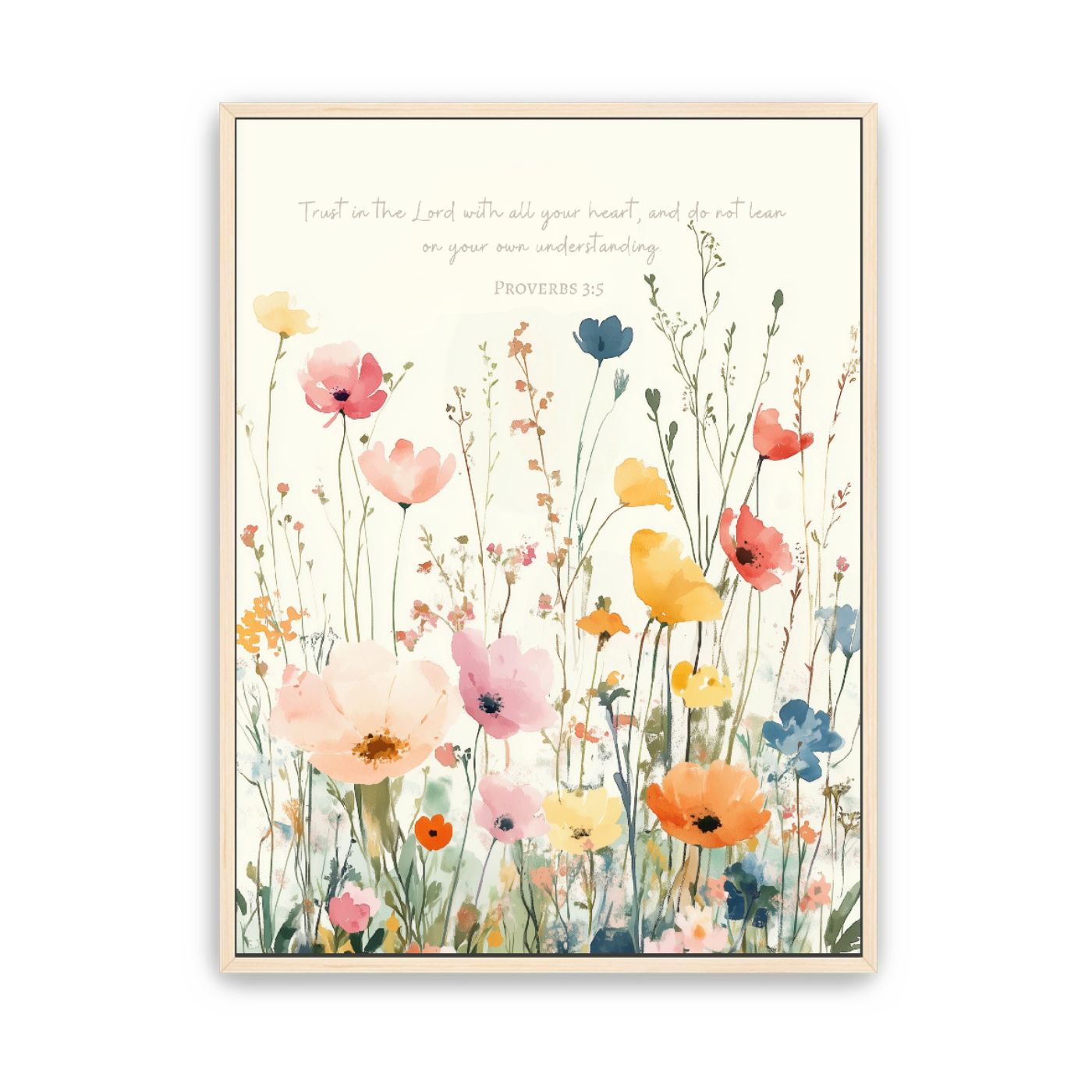“Trust in the Lord with all your heart” watercolor wildflower artwork displayed on a white shiplap wall.