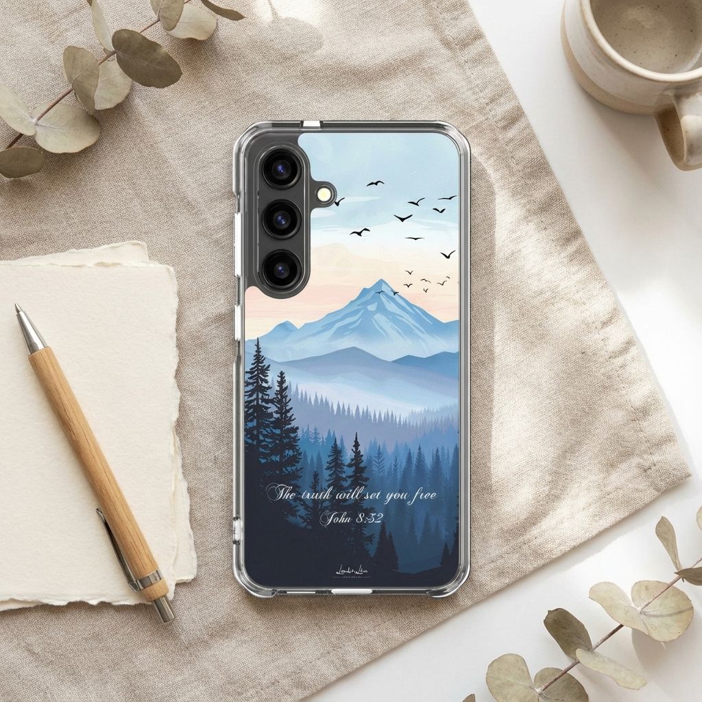 Christian Samsung Phone case with mountain and forest design on a desk with a pen and mug.
