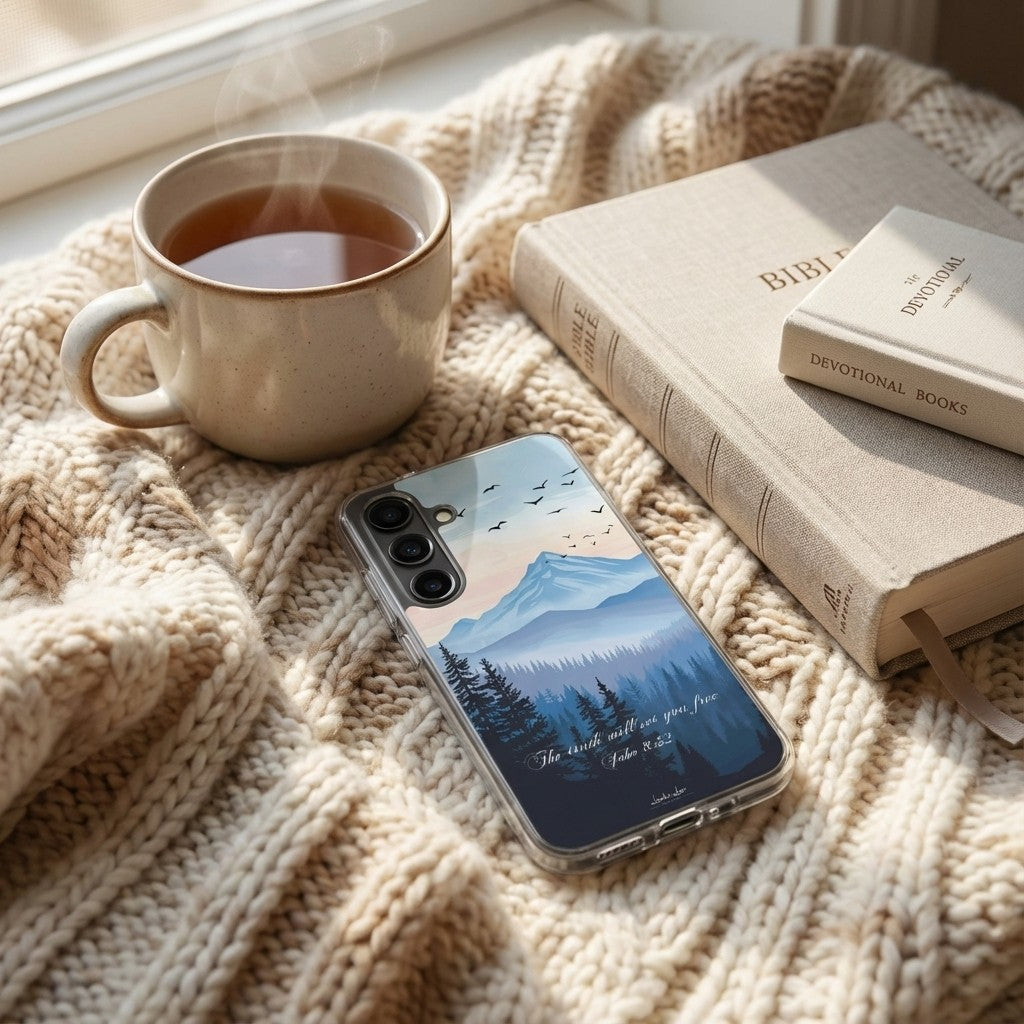 Christian Samsung Phone case with mountain design on a textured surface with a cup of tea and books.