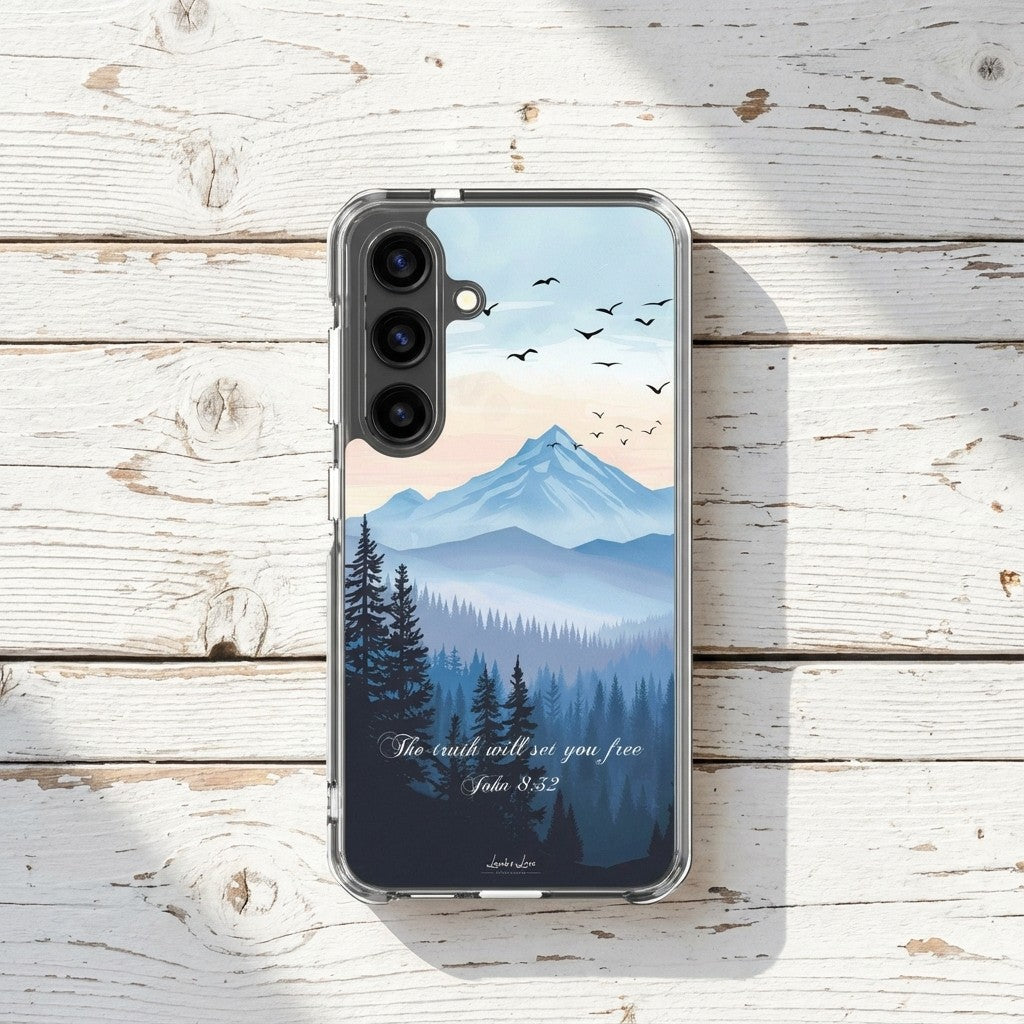 Christian Samsung Phone case with mountain and forest design on a wooden surface