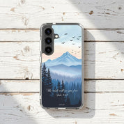Christian Samsung Phone case with mountain and forest design on a wooden surface