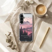 Phone case with nature design on a table with a cup of coffee and pen