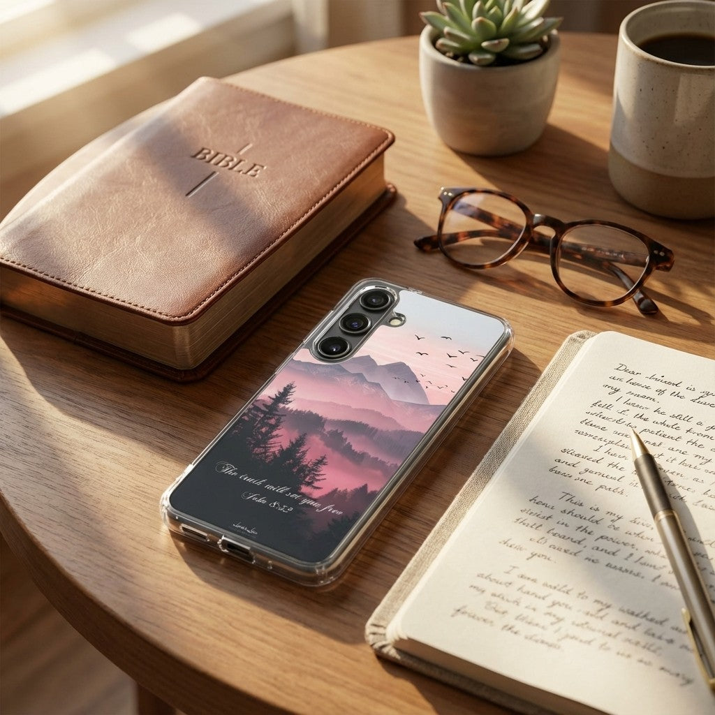 Samsung phone case with nature design on a wooden table with notebook, glasses, and coffee.