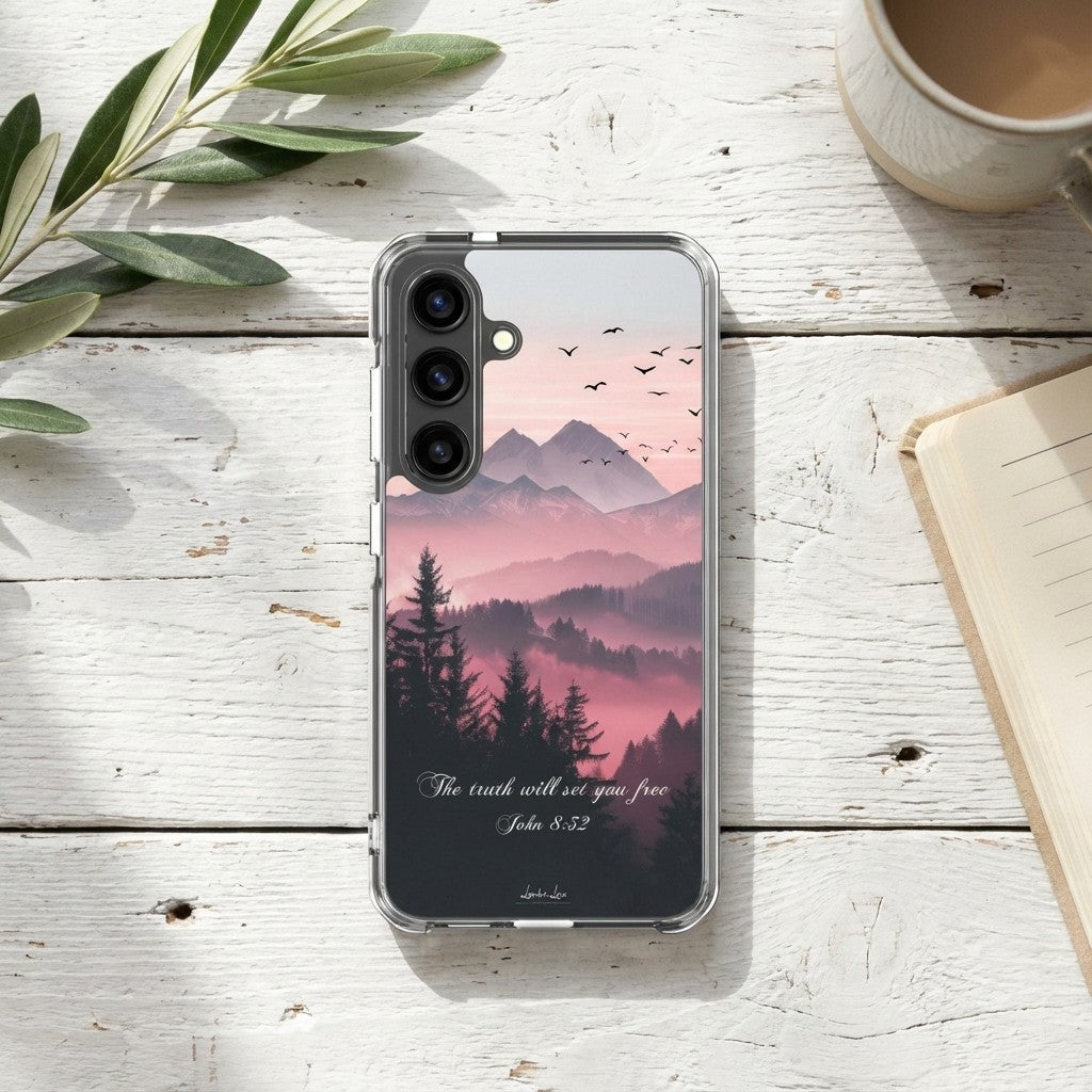 Samsung phone case with nature design on a wooden surface with a cup and plant