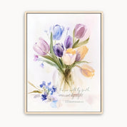 Framed artwork of a bouquet of tulips with a biblical verse on a white background
