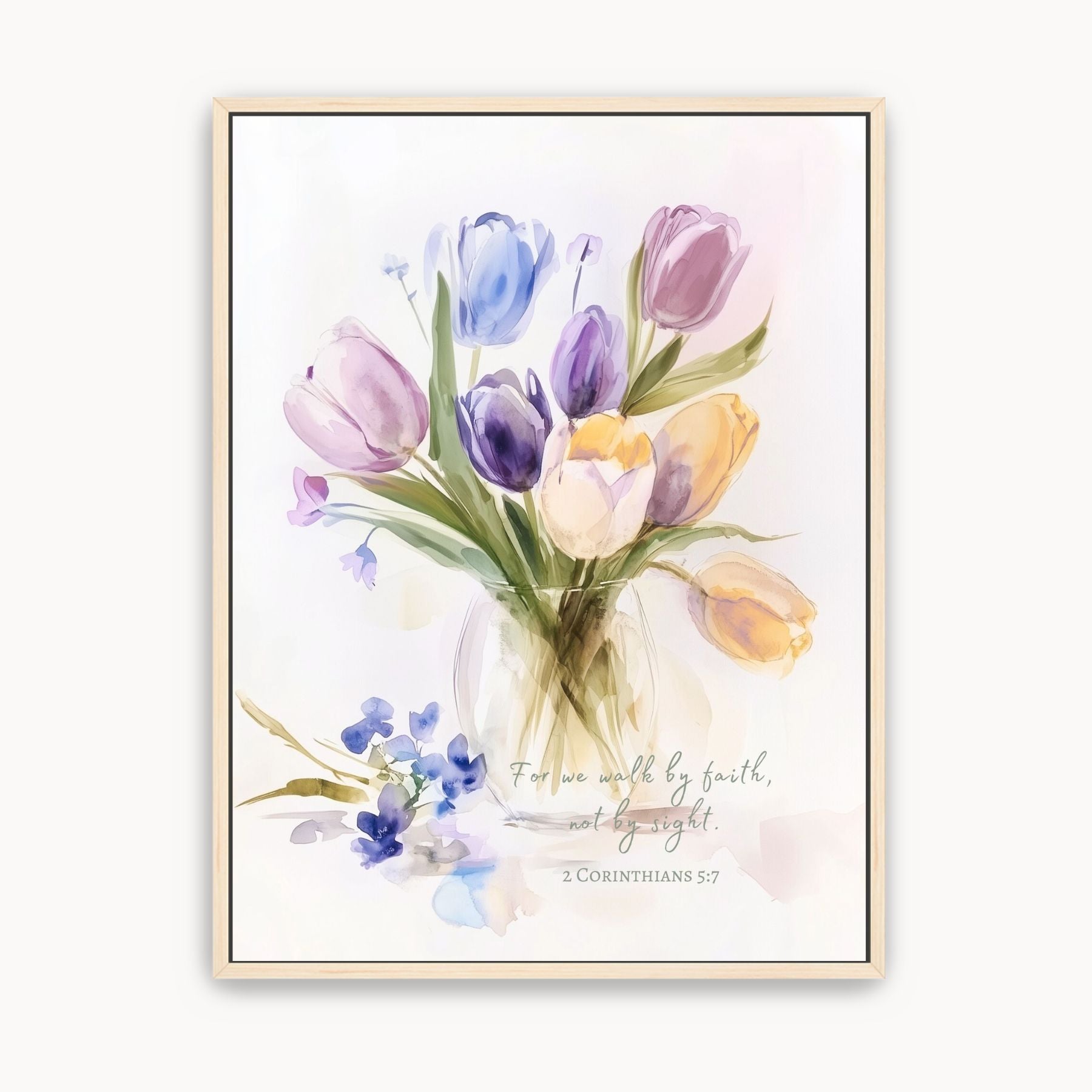 Framed artwork of a bouquet of tulips with a biblical verse on a white background