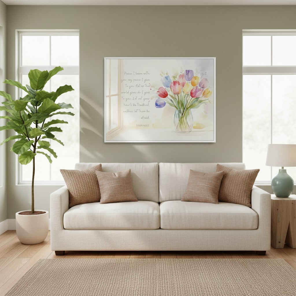 “Peace I Leave with You” watercolor tulip vase wall art displayed in a living room, bringing a message of calm and faith.