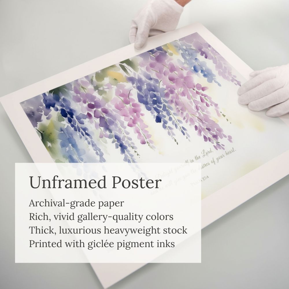Informational product graphic showing a gloved hand holding a Lamb's Love unframed fine art poster print featuring archival-grade paper, giclée pigment inks, and heavy-weight stock.