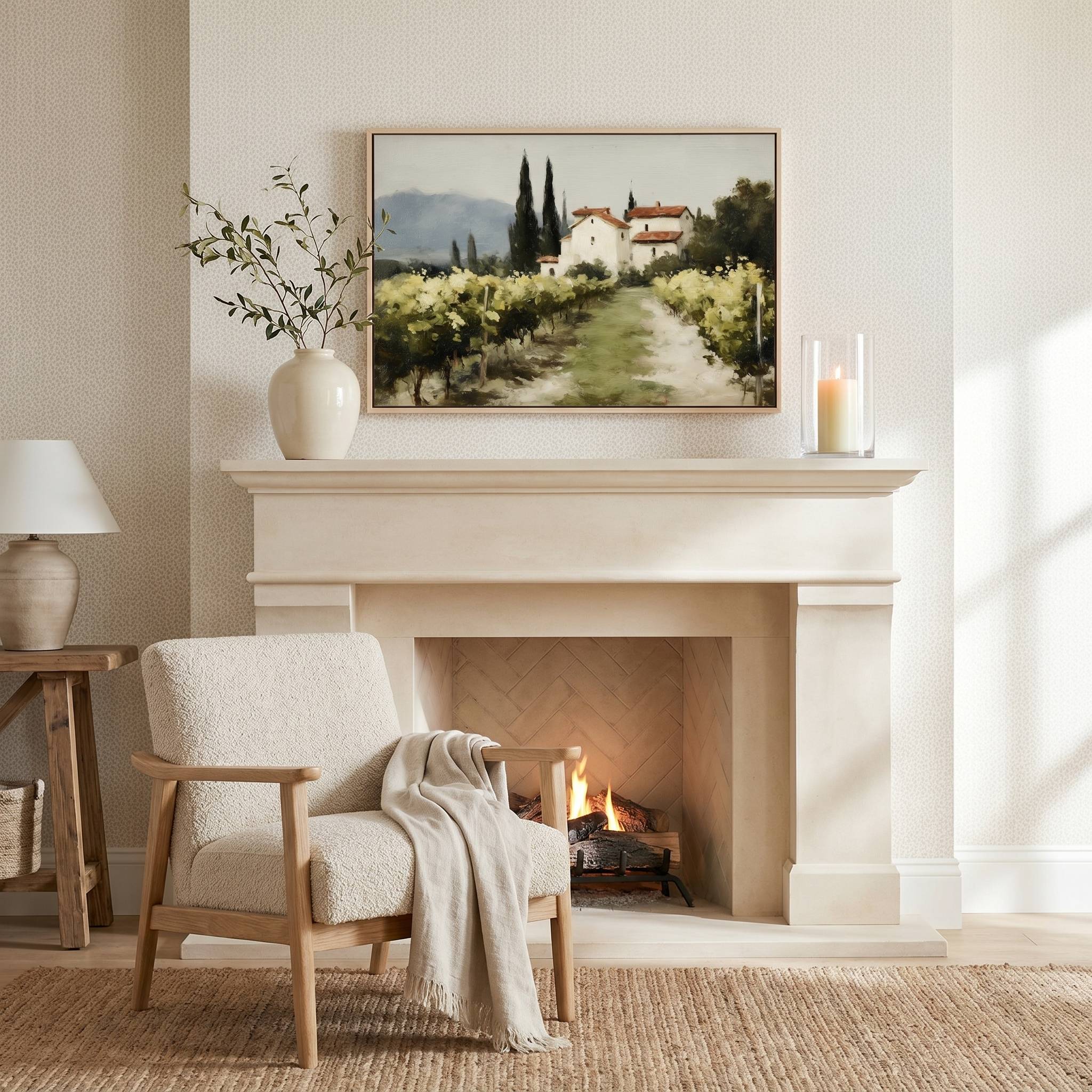 The Vineyard Christian landscape wall art displayed in a bright entryway hallway, featuring a peaceful vineyard and countryside home that symbolizes abiding in Christ, spiritual growth, and God's faithful provision.