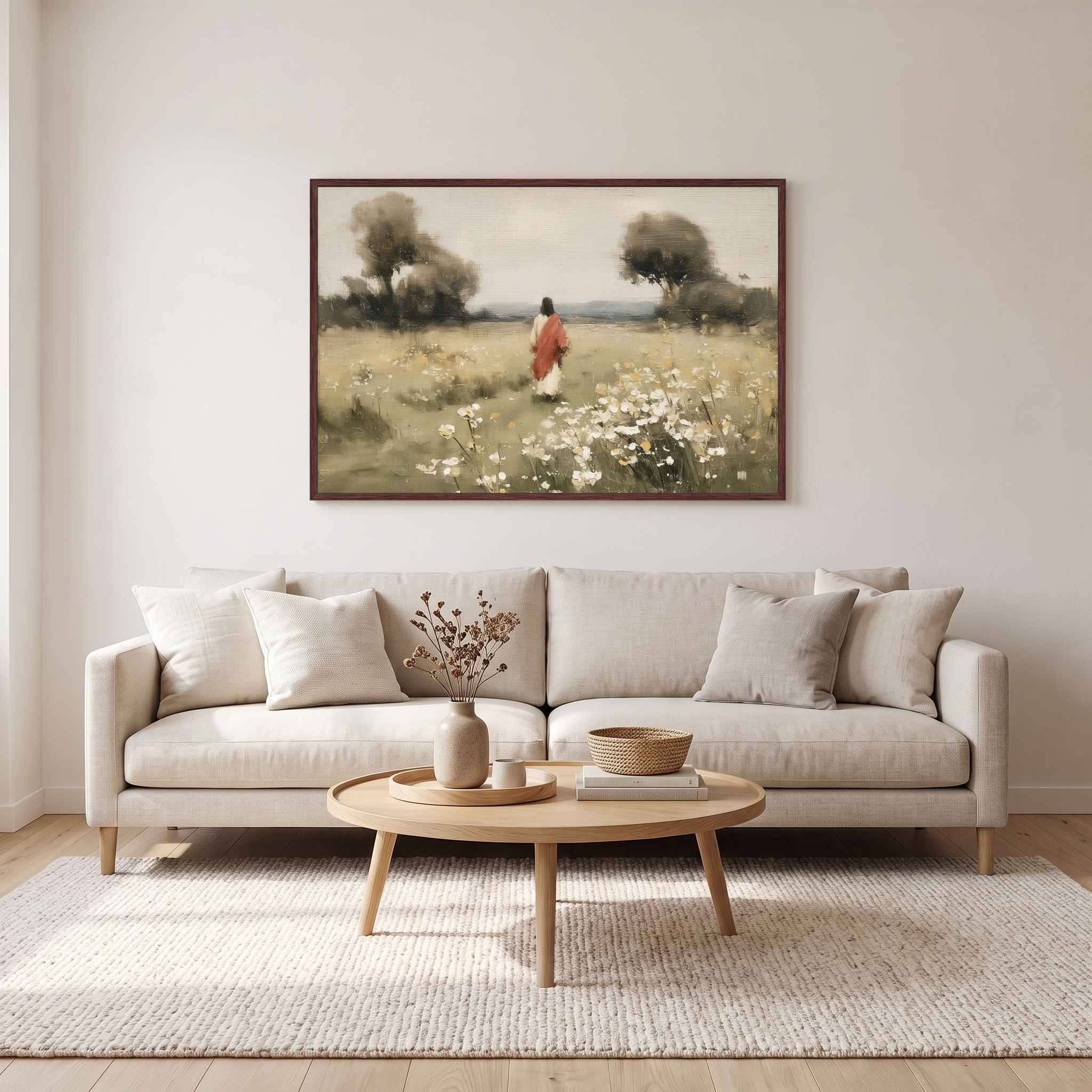 Framed vintage Christian wall art titled Walking with Jesus, featuring Jesus walking through a wildflower meadow, displayed in a soft organic modern living room above a beige sofa.