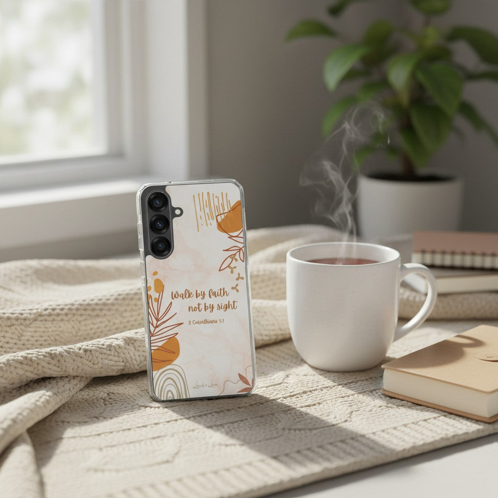 Walk by Faith Christian Samsung phone case with neutral beige design and 2 Corinthians 5:7 Bible verse, displayed on a cozy knit blanket next to a steaming cup of coffee and a blurred indoor plant.