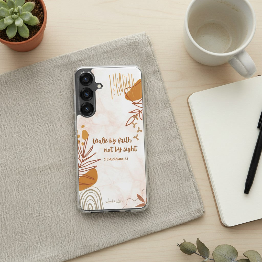 Walk by Faith Christian Samsung phone case with neutral beige aesthetic and 2 Corinthians 5:7 verse, pictured in a flat lay on a beige linen cloth next to a white coffee mug and a succulent plant.