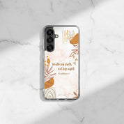 Walk by Faith Christian Samsung phone case with neutral beige abstract shapes and 2 Corinthians 5:7 Bible verse on a white marble background with soft shadows.