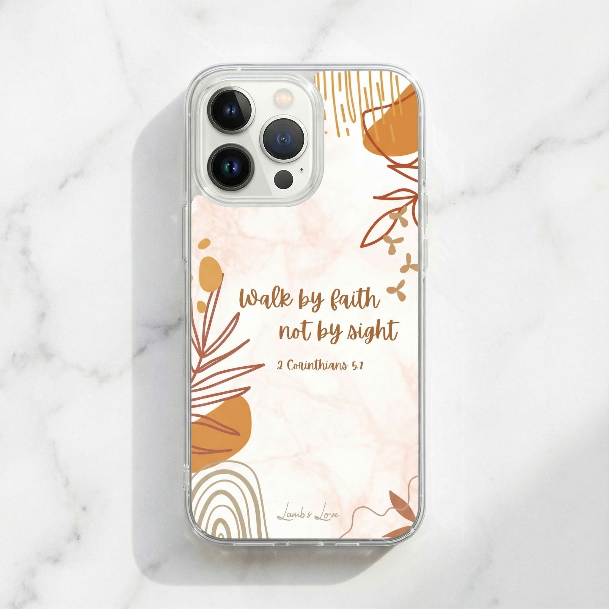 Phone case with floral design and text on a marble background