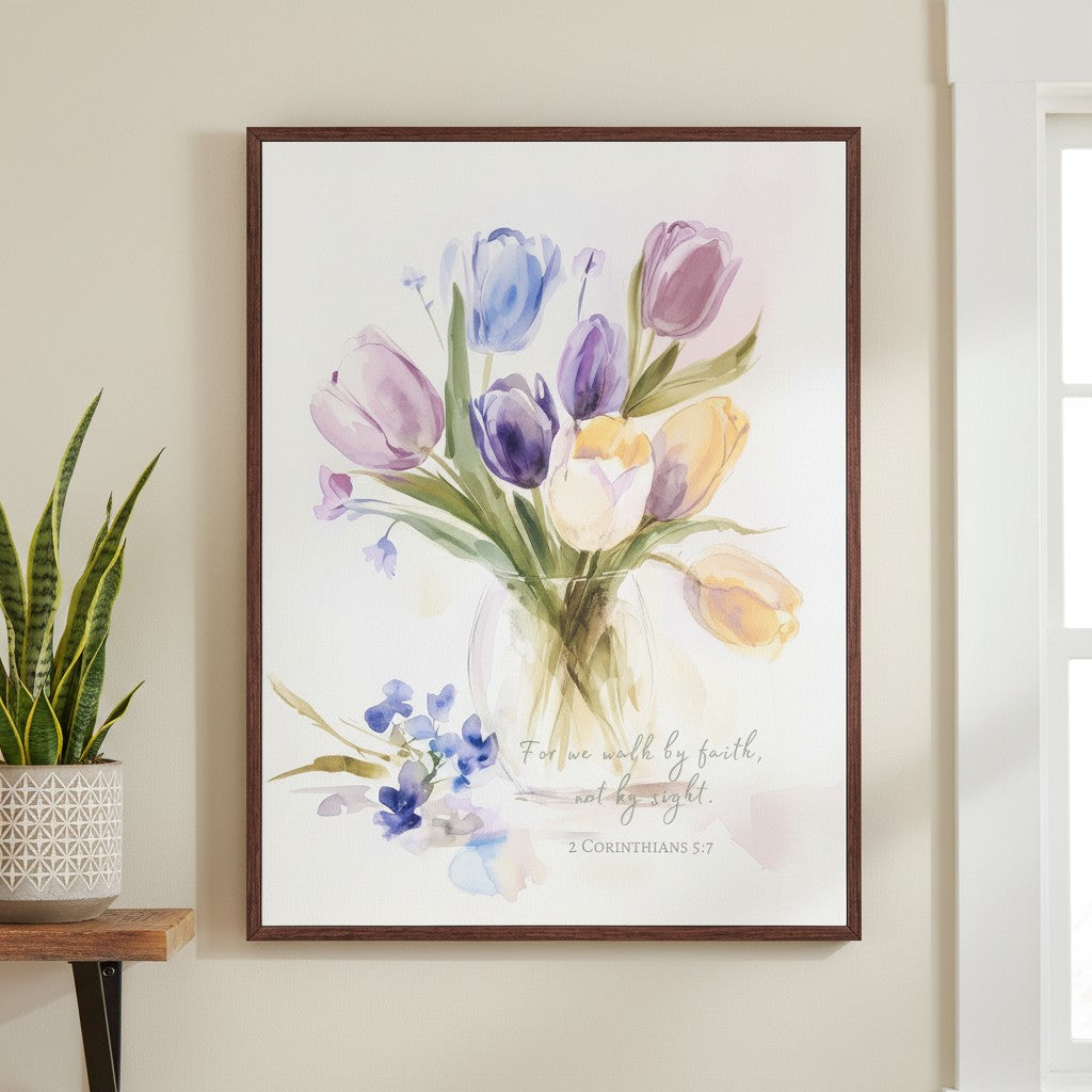 Framed watercolor tulip Christian wall art featuring 2 Corinthians 5:7 — “For we walk by faith, not by sight,” displayed in a cozy modern room.