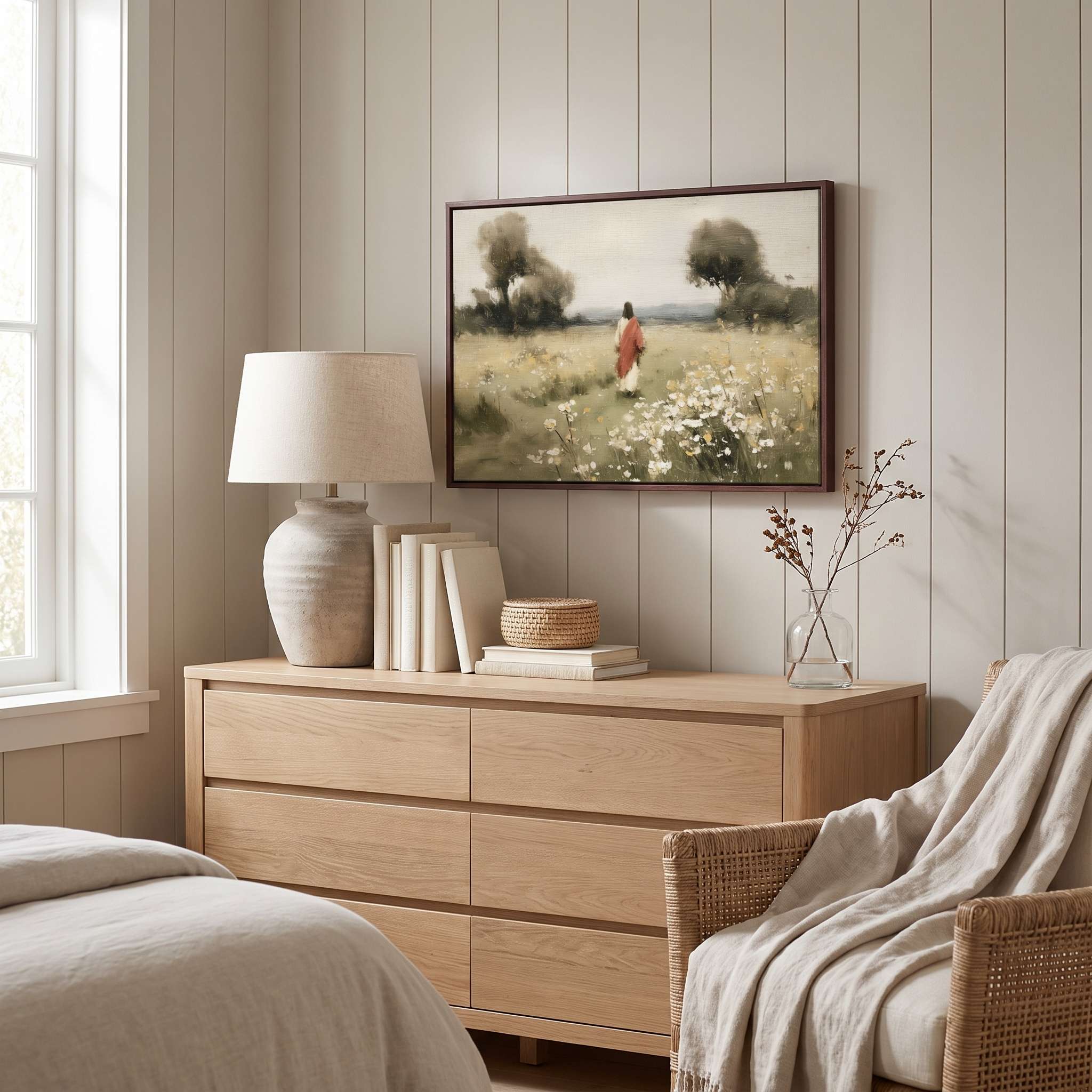 Framed vintage Christian wall art featuring Jesus walking through a peaceful wildflower meadow, displayed above a light wood dresser in a soft organic modern bedroom.