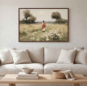 Framed Christian wall art titled Walking with Jesus, displaying Christ walking through a meadow of wildflowers above a light gray sofa.