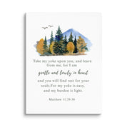 Christian wall art canvas featuring watercolor mountains and Matthew 11:29-30 Scripture.