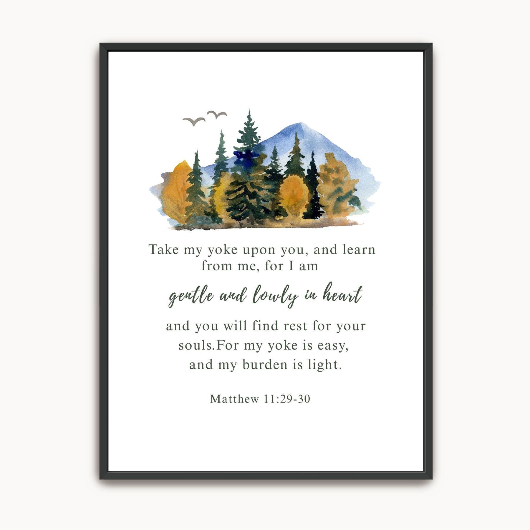 Framed artwork with a forest scene and Bible verse on a white background