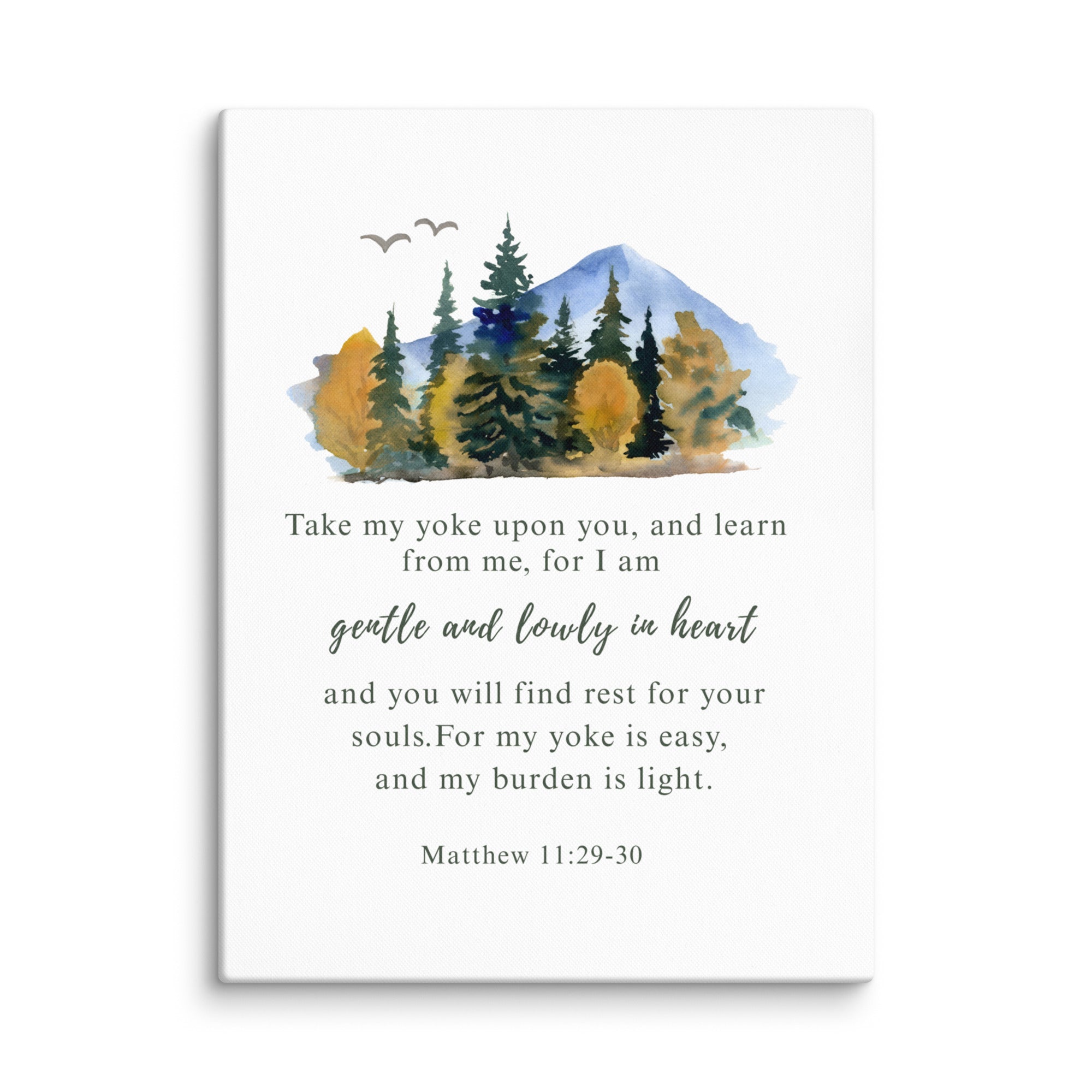 Christian wall art canvas featuring watercolor mountains and Matthew 11:29-30 Scripture.