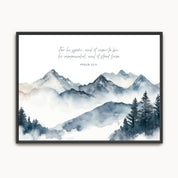 Framed canvas of mountains and trees with a biblical scripture on a white background