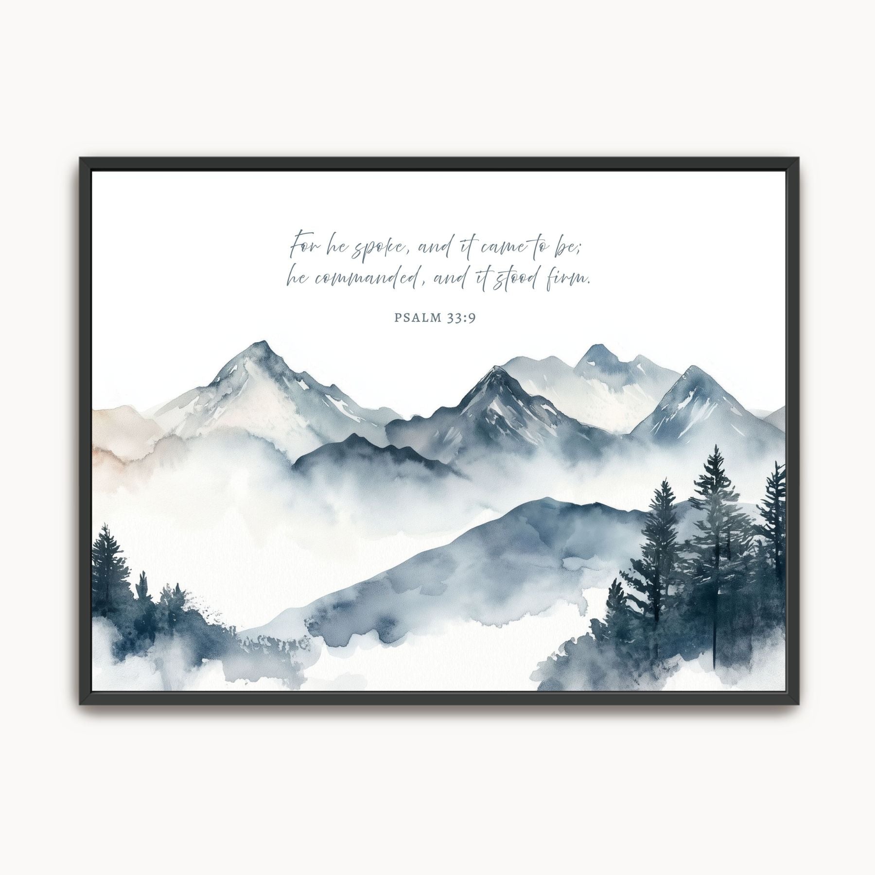 Framed canvas of mountains and trees with a biblical scripture on a white background