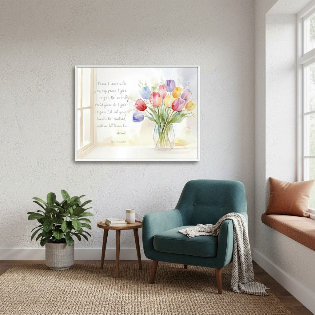 Close-up of watercolor tulip bouquet with scripture, showing brushwork and soft pastel hues.