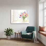 Close-up of watercolor tulip bouquet with scripture, showing brushwork and soft pastel hues.