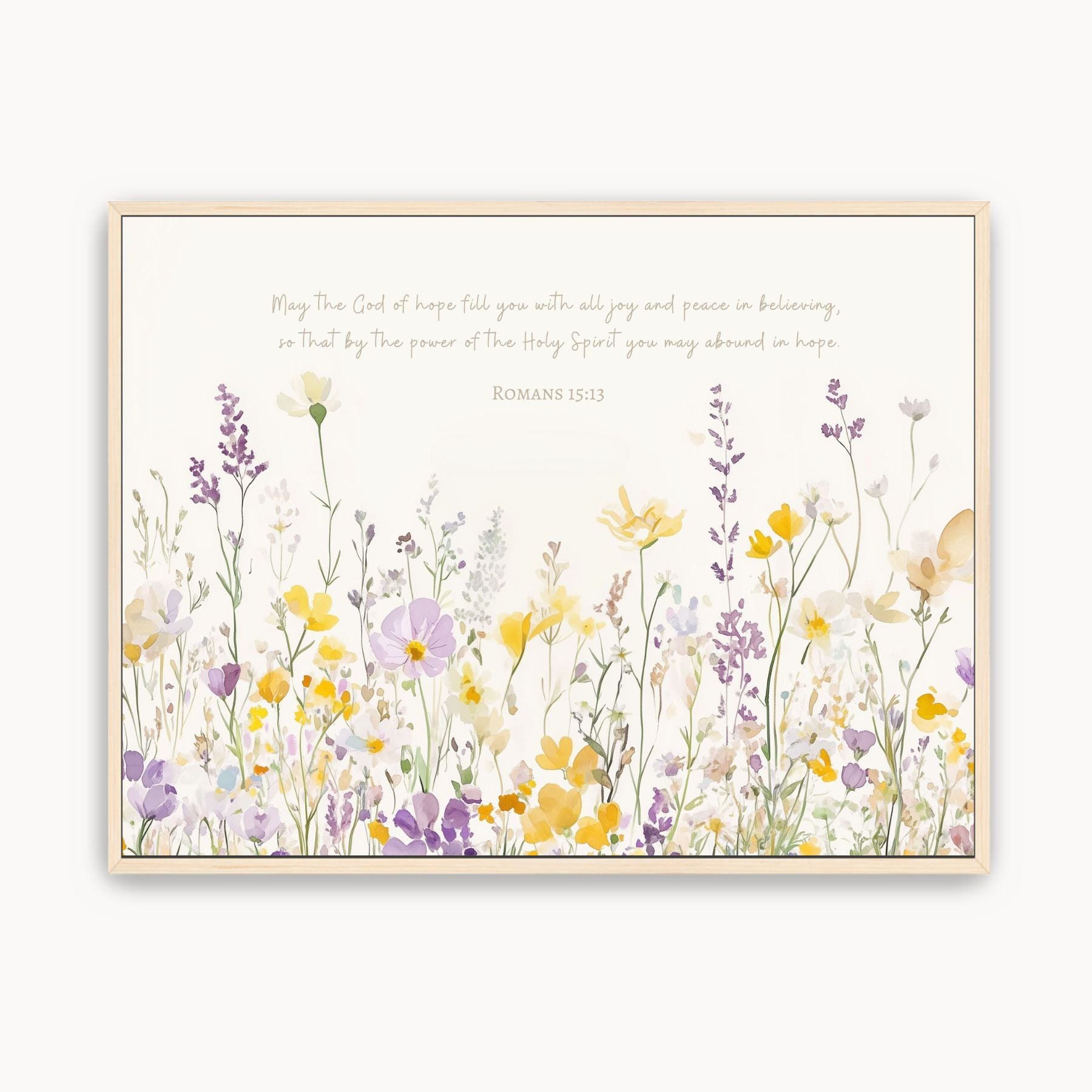 Framed artwork with yellow and purple floral design and scripture on a white background