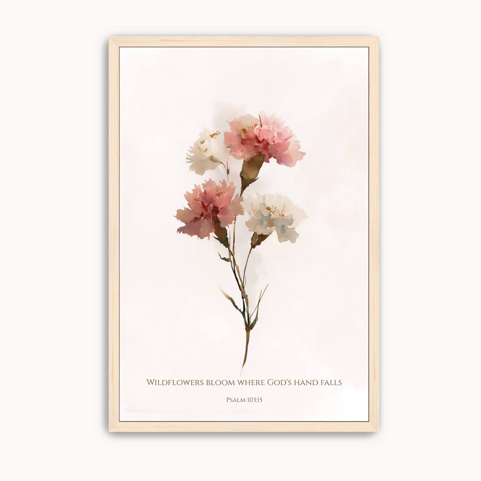 Watercolor Christian floral wall art featuring soft pink and white wildflowers with the inspirational Scripture, "Wildflowers Bloom Where God's Hand Falls," inspired by Psalm 103:5. Botanical Bible verse artwork for living room, bedroom, or prayer room.