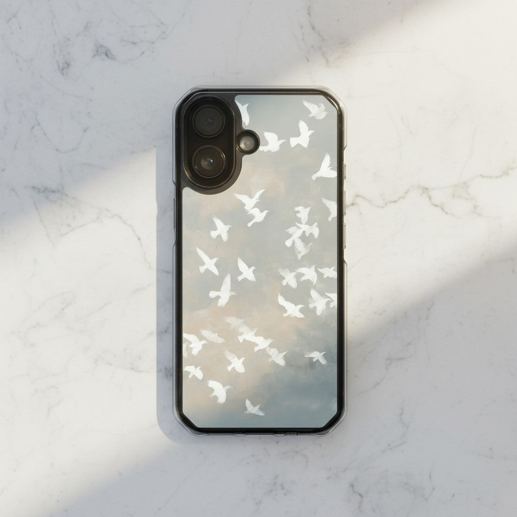 Wings of Peace MagSafe® Christian phone case featuring soft watercolor birds flying across a neutral sky displayed on a white marble surface in a minimalist modern aesthetic setting