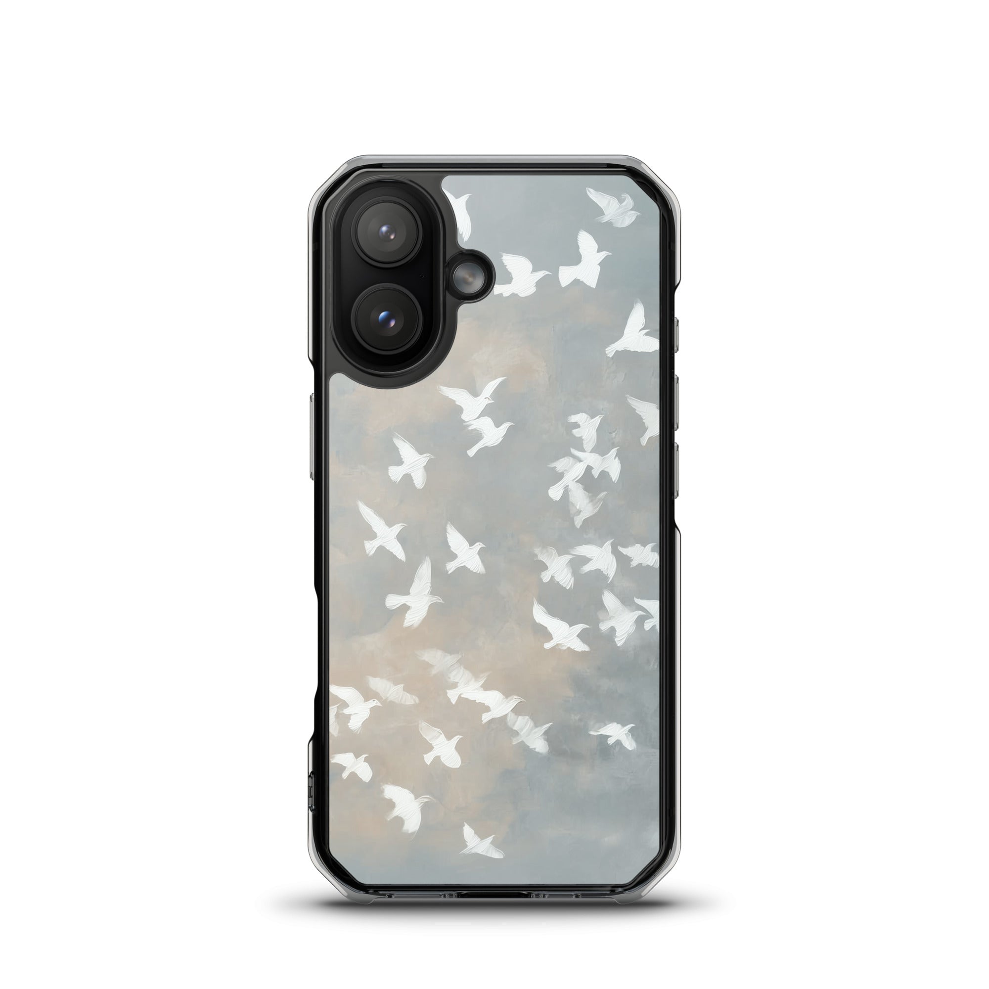 Wings of Peace MagSafe® Christian phone case featuring peaceful watercolor birds flying across soft neutral sky artwork in an elegant minimalist faith-inspired aesthetic