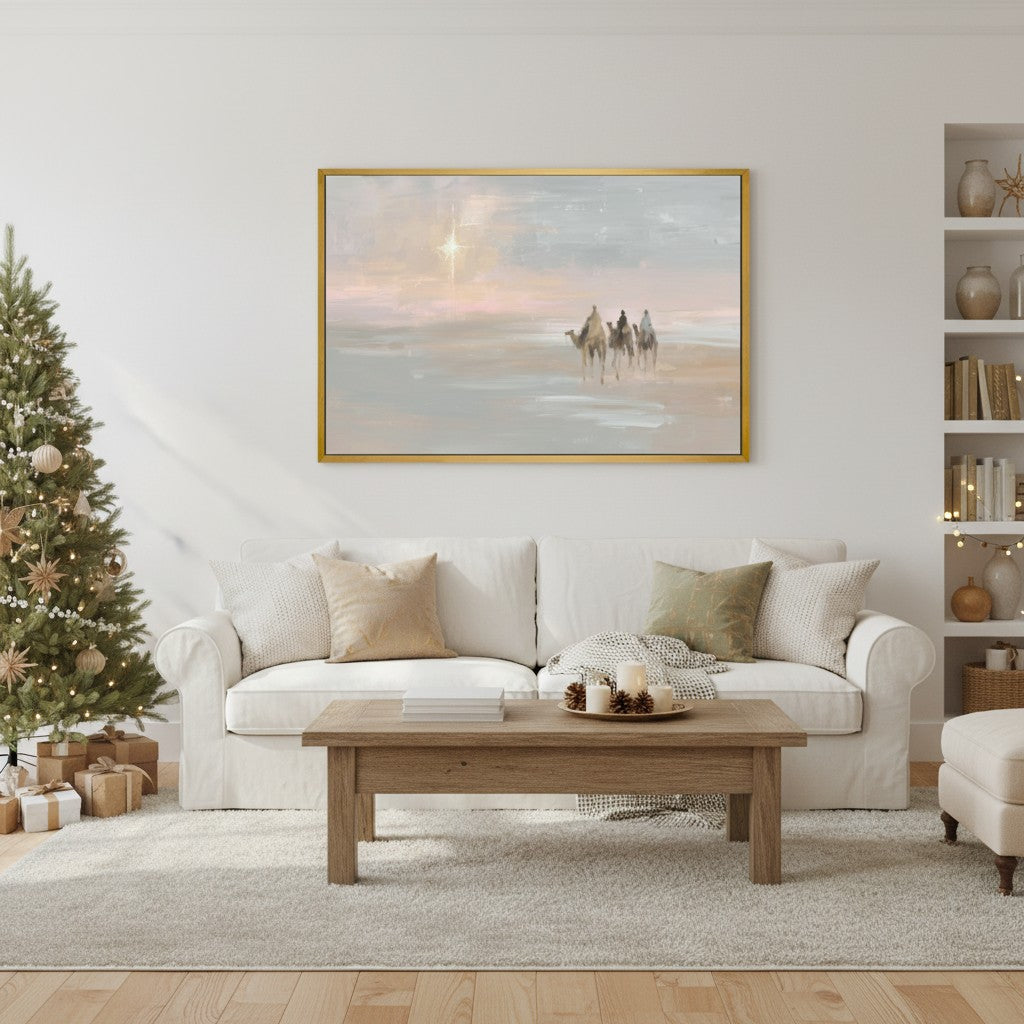 Neutral wall art decor of the Three Wise Men and star of Bethlehem, symbolizing faith and the true meaning of Christmas.
