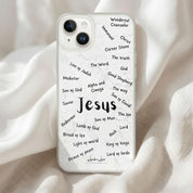 Phone case with various titles of Jesus on a white fabric background