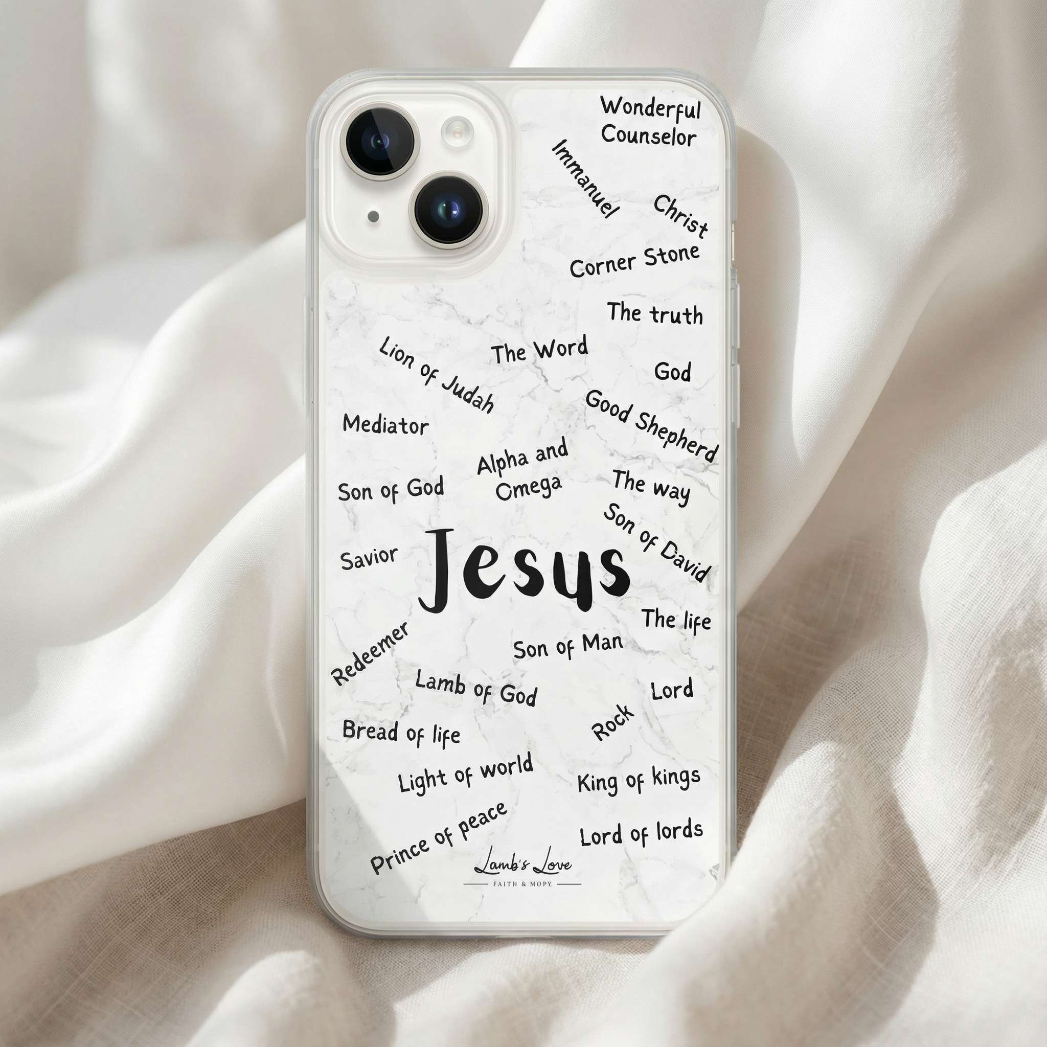 Phone case with various titles of Jesus on a white fabric background