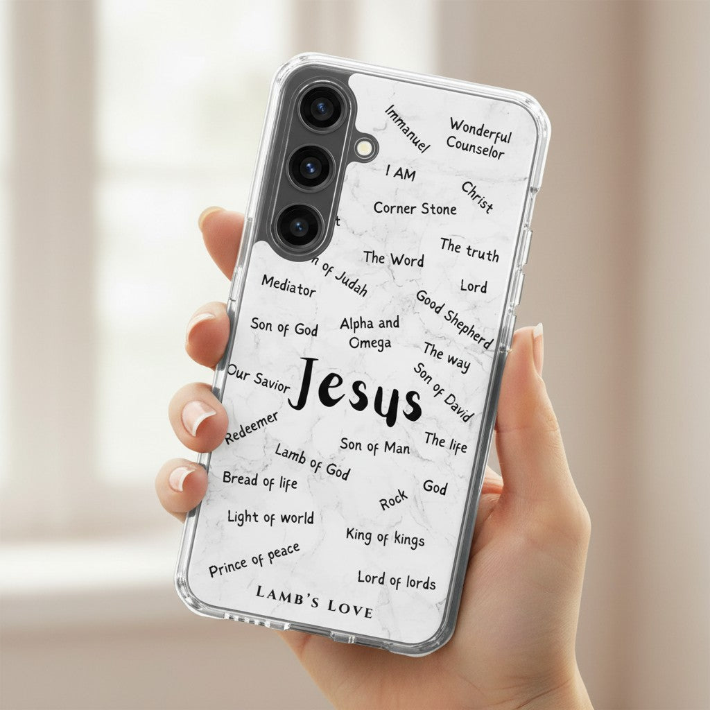 Clear Samsung Galaxy phone case featuring a collage of biblical names of Jesus including King of Kings, Alpha and Omega, and Good Shepherd in black typography.