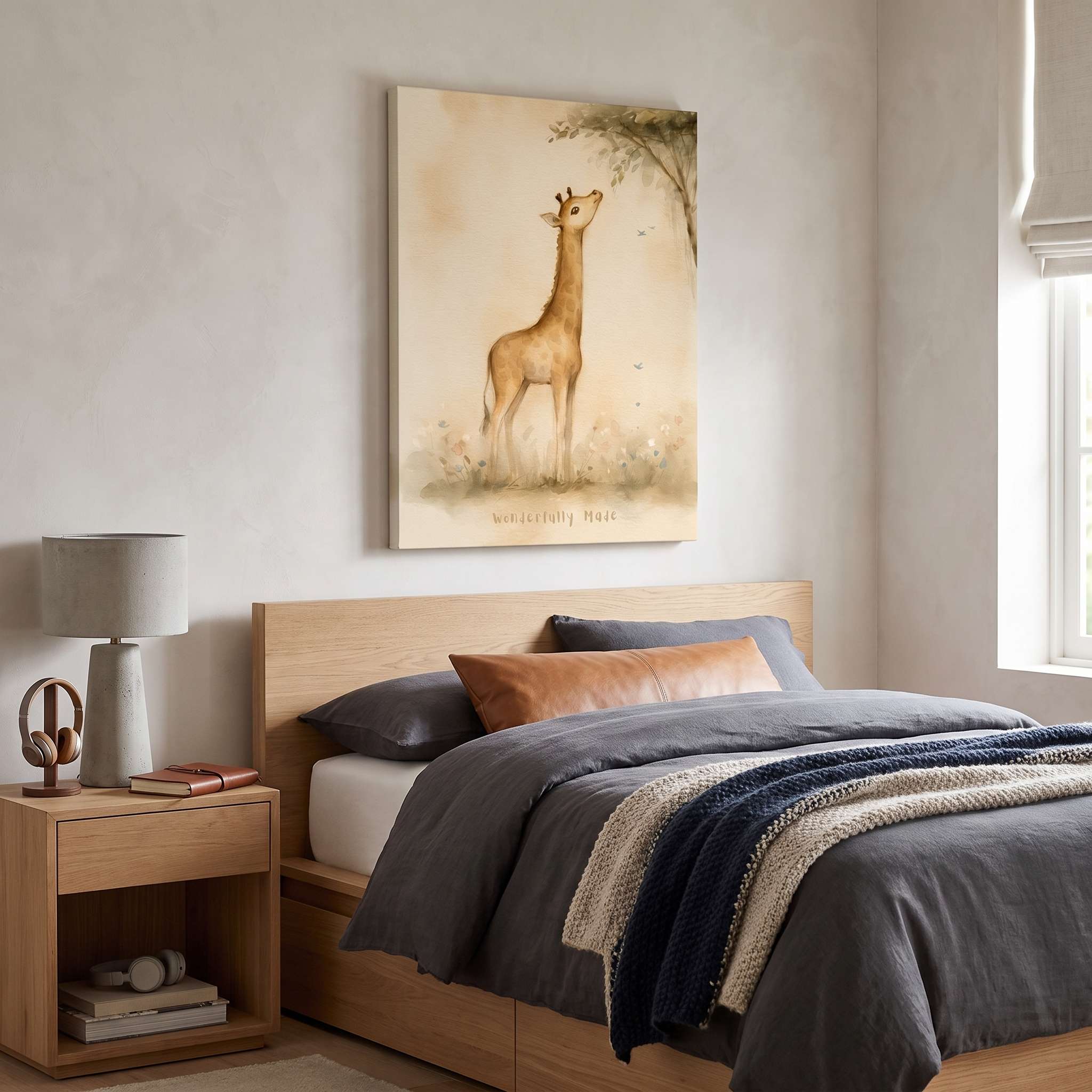 Wonderfully Made giraffe Christian kids canvas wall art above a wooden bed with blue-gray bedding and a tan cushion in a modern neutral bedroom.